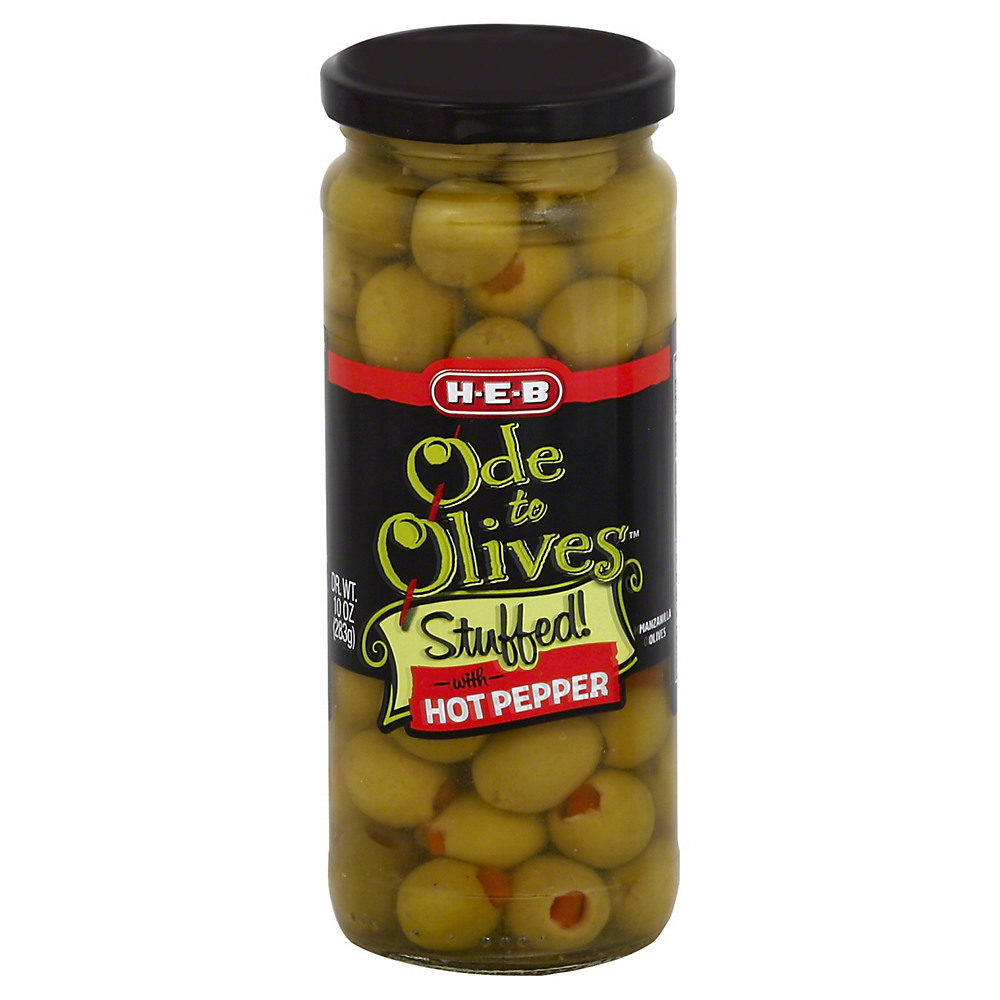Calories in H-E-B Ode to Olives Stuffed! with Hot Pepper Green Olives, 10 oz