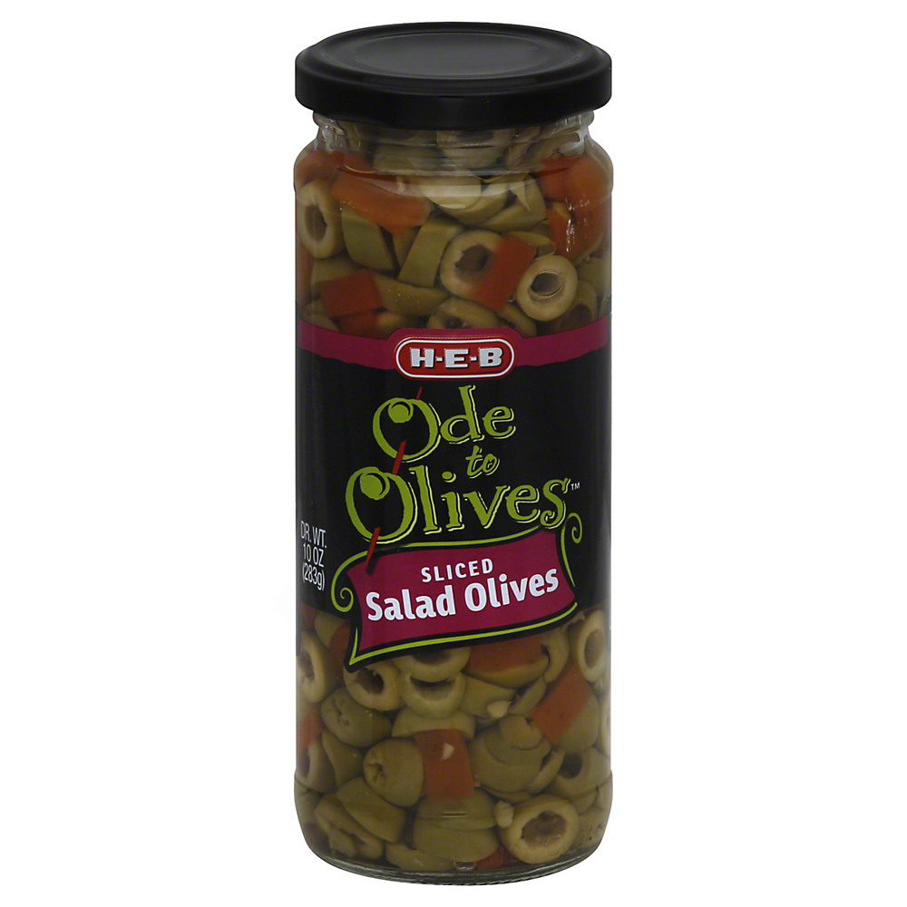 Calories in H-E-B Ode to Olives Sliced Salad Green Olives, 10 oz
