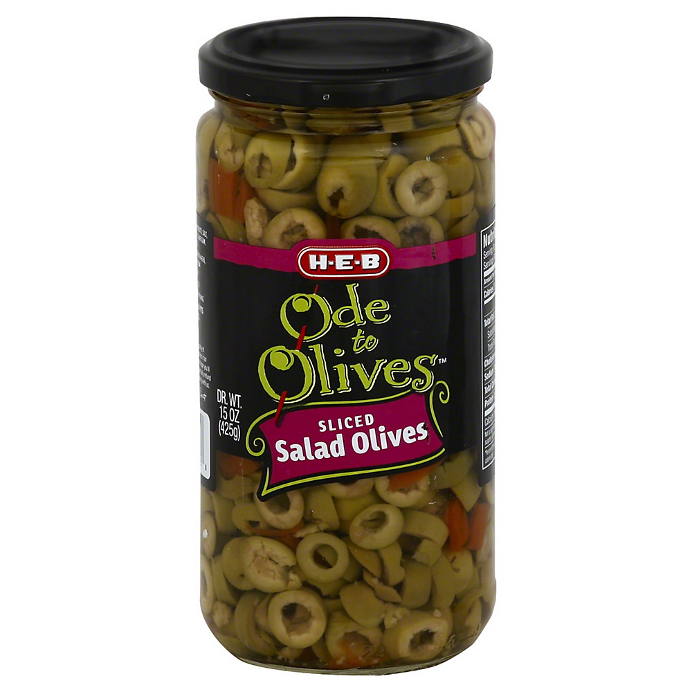 Calories in H-E-B Ode to Olives Sliced Salad Green Olives, 15 oz