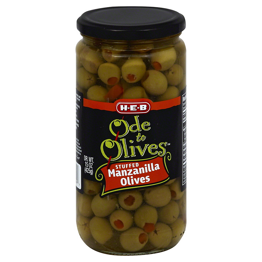 Calories in H-E-B Ode to Olives Stuffed Manzanilla Green Olives, 15 oz