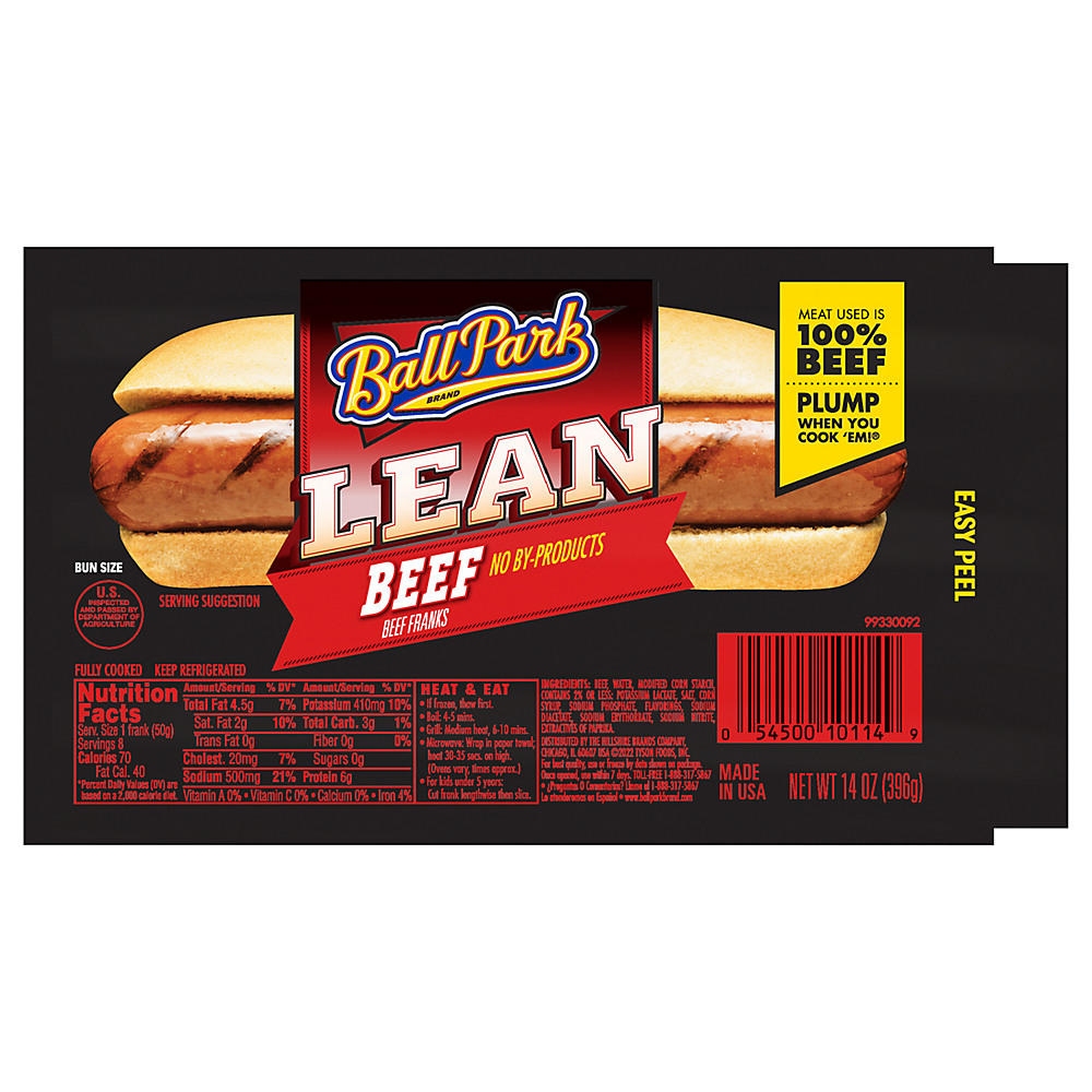 Calories in Ball Park Lean Beef Hot Dogs, Bun Length, 8 ct