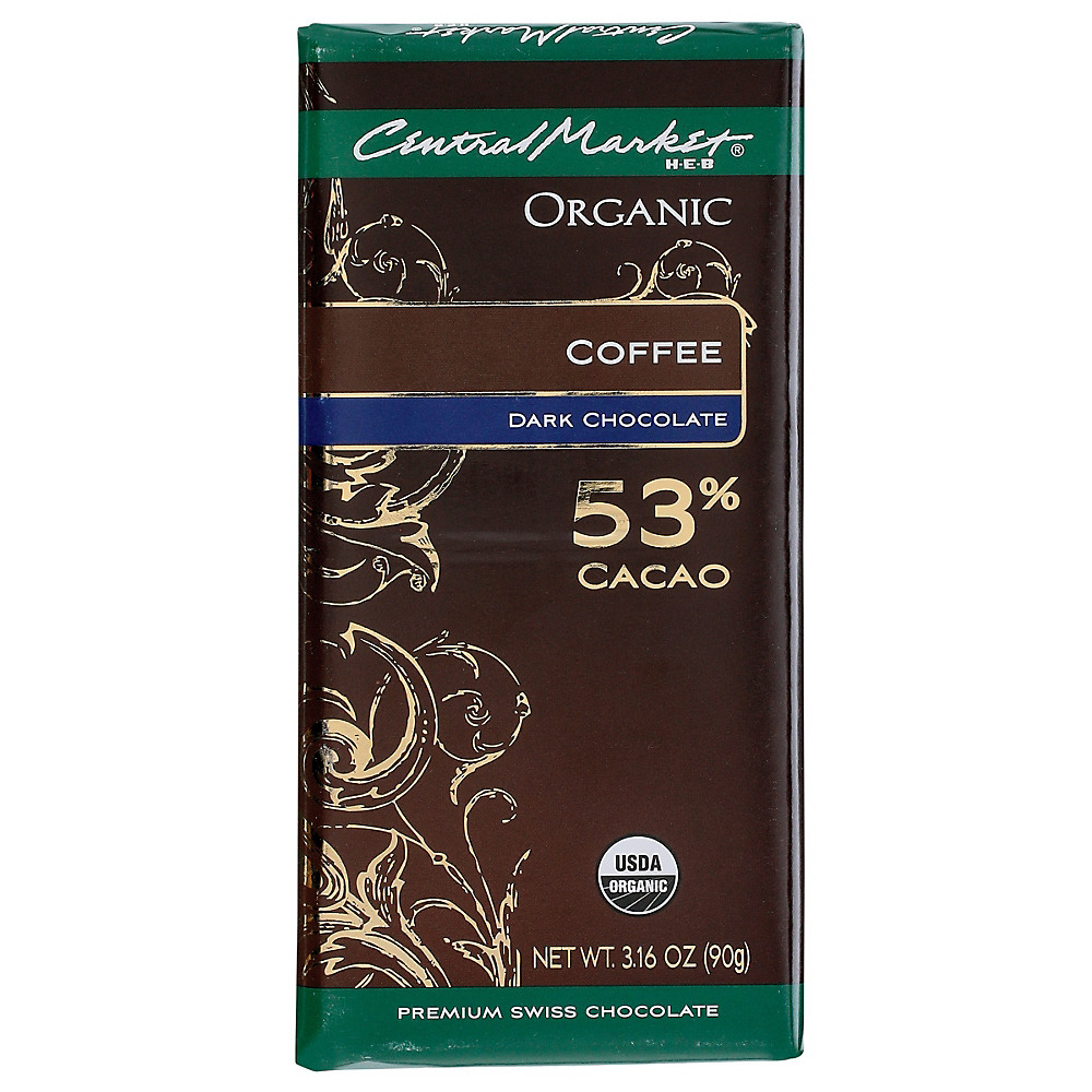 Calories in Central Market Organic 53% Cacao Coffee Dark Chocolate Bar, 3.16 oz