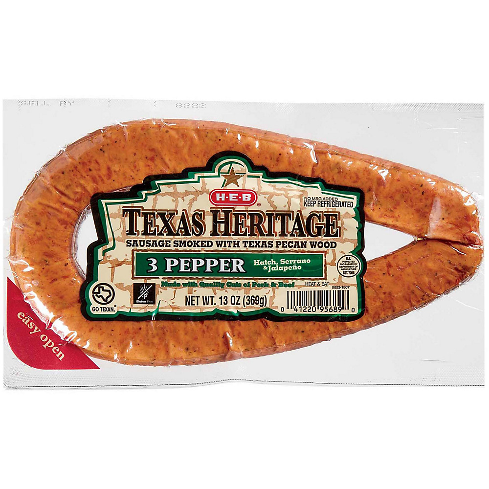 Calories in H-E-B Texas Heritage Pecan Smoked 3 Pepper Sausage, 13 oz