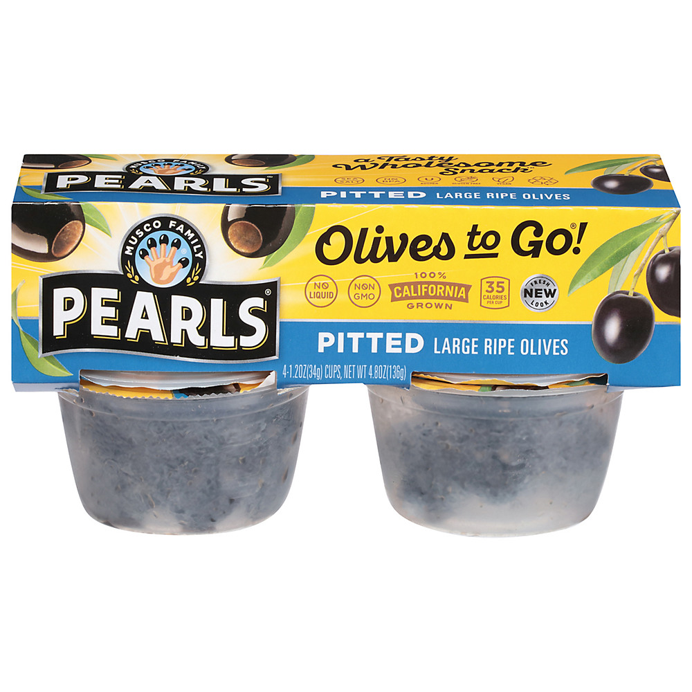 Calories in Musco Family Olive Co. Pearls Ripe Black Large Pitted California Olives To Go Cups!, 4 ct