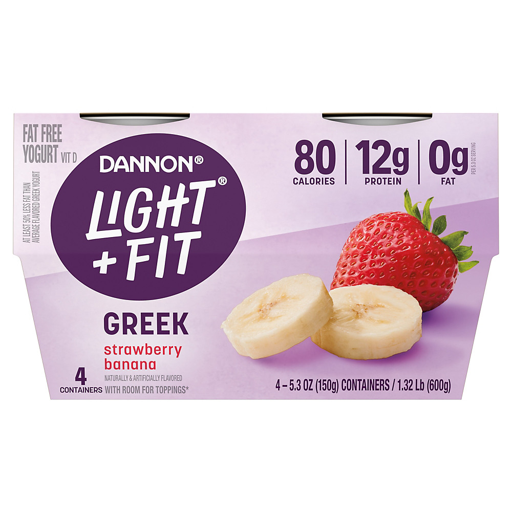 Calories in Light + Fit Nonfat Gluten-Free Strawberry Banana Greek Yogurt, 5.3 oz Cups, 4 pk