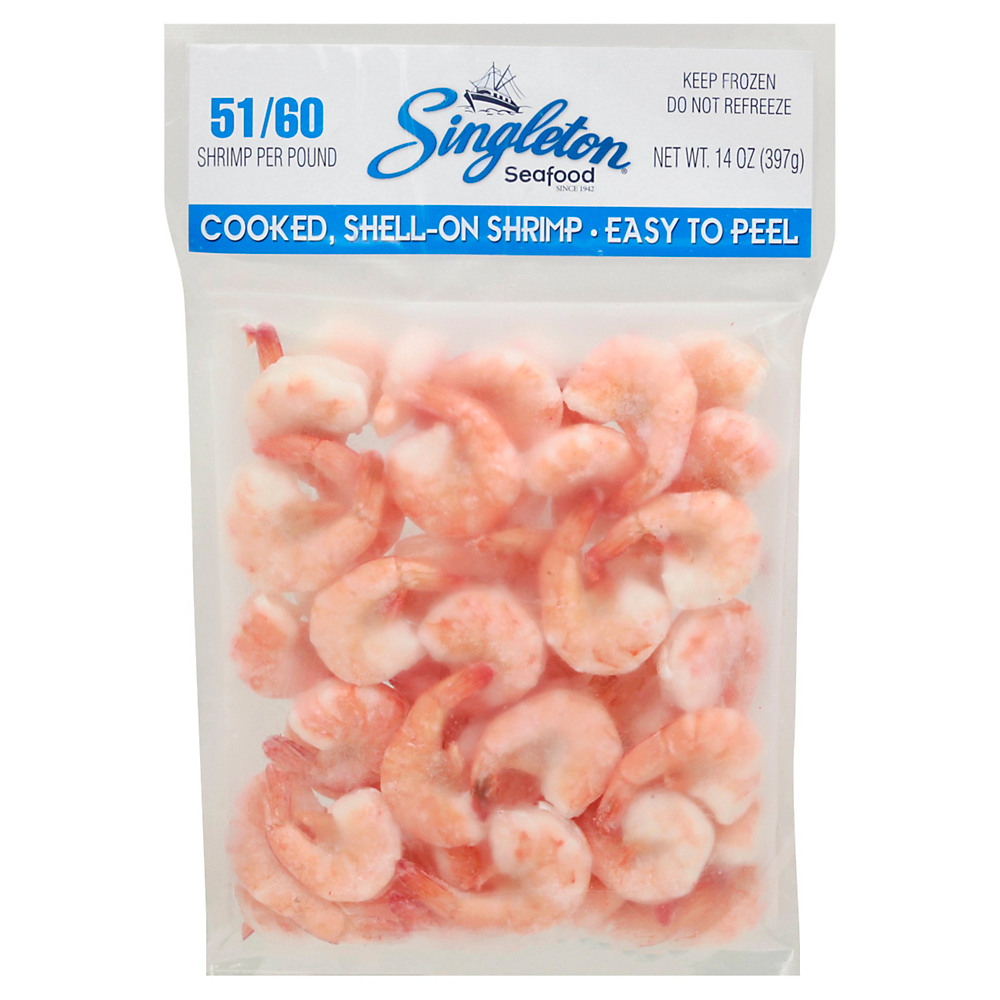 Calories in Singleton Cooked Easy Peel Shell-On Small Shrimp, 51-60ct /lb, 14 oz