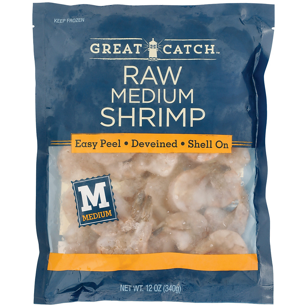 Calories in Great Catch Raw Easy Peel Deveined Shell-On Medium Shrimp, 41-60ct /lb, 12 oz