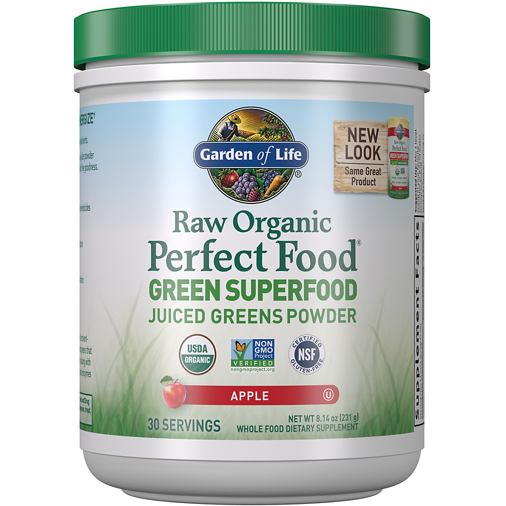 Calories in Garden of Life Raw Organic Perfect Food Green Superfood Juiced Greens Powder Apple Flavor, 8.14 oz