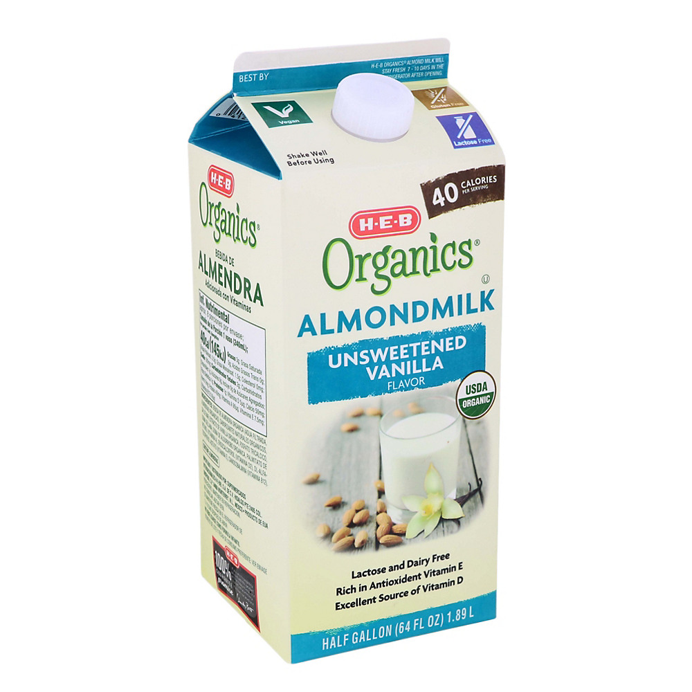 Calories in H-E-B Organics Unsweet Vanilla Almond Milk, 1/2 gal