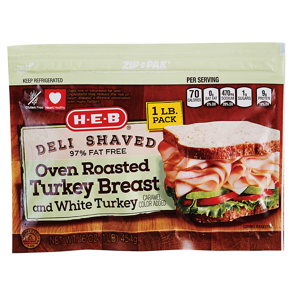 Calories in H-E-B Deli Shaved Oven Roasted Turkey Breast & White Turkey, 16 oz