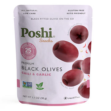 Poshi Snacks Black Olives - Chili & Garlic, 1.1 oz