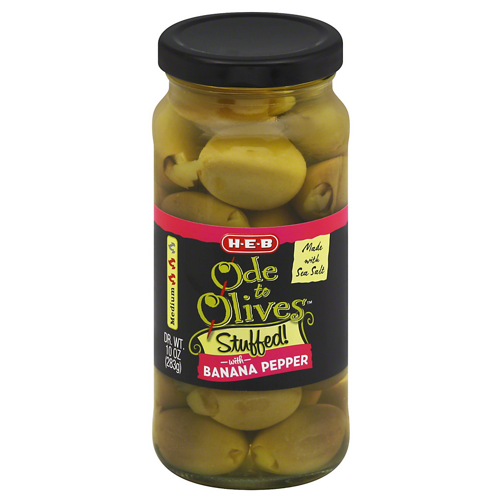 Calories in H-E-B Ode to Olives Stuffed! with Banana Pepper Green Olives, 10 oz