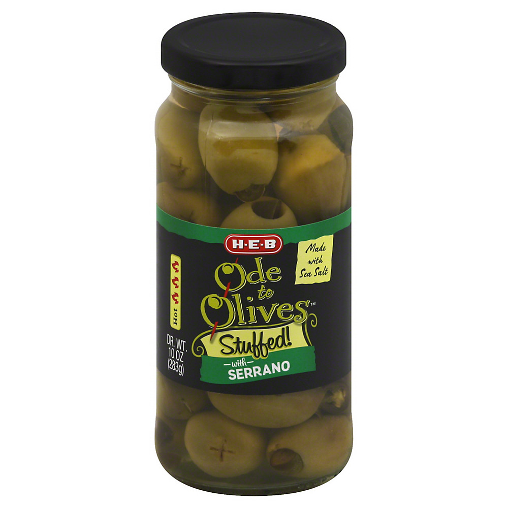 Calories in H-E-B Ode to Olives Stuffed! with Serrano Green Olives, 10 oz
