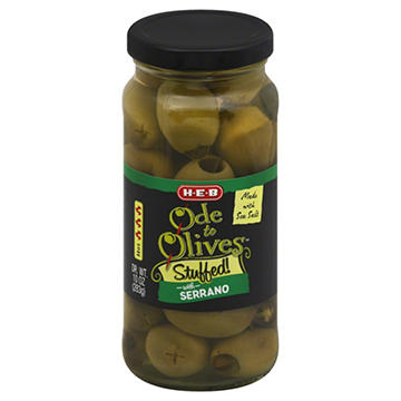 H-E-B Ode to Olives Stuffed Green Olives - Serrano Pepper, 10 oz