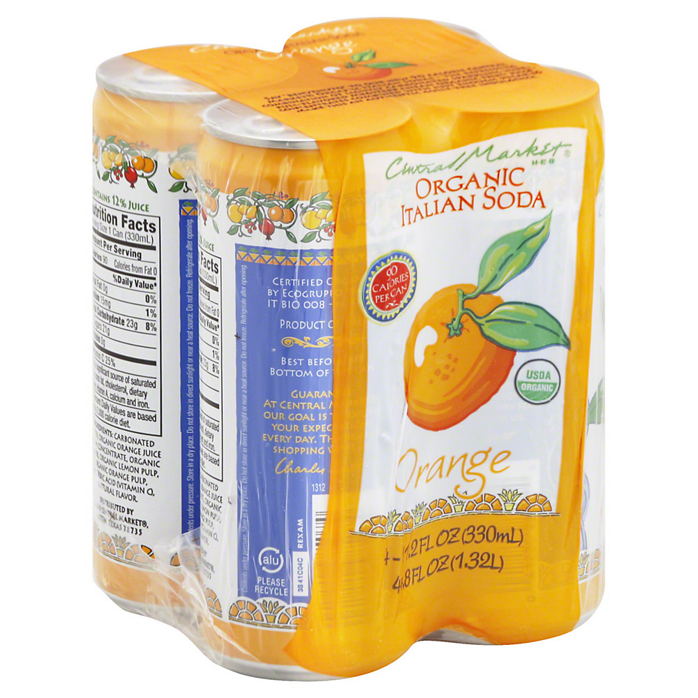Calories in Central Market Organic Orange Italian Soda 11.2 oz Cans, 4 pk