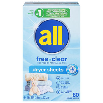 all Fabric Softener Dryer Sheets Free Clear, 80 ct