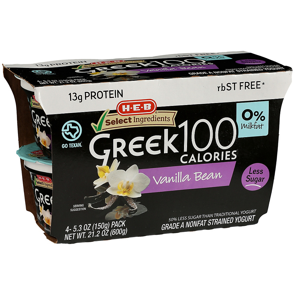 Calories in H-E-B Select Ingredients Non-Fat 100 Calories Vanilla Bean Greek Yogurt, 4 ct
