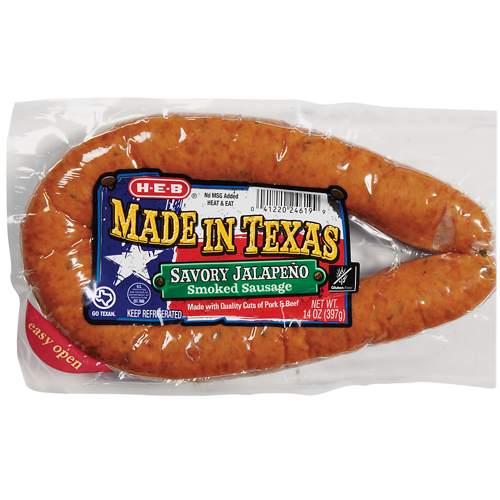 Calories in H-E-B Made in Texas Savory Jalapeno Smoked Sausage, 14 oz