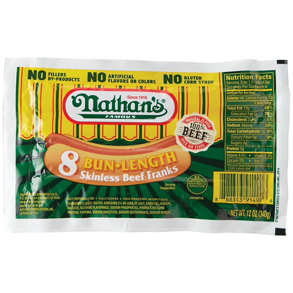 Calories in Nathan's Bun Length Skinless Beef Franks, 8 ct