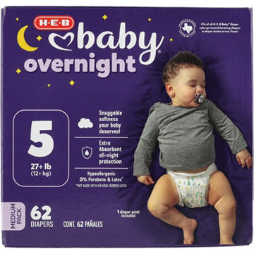 H-E-B Baby Medium Pack Overnight Diapers – Size 5, 62 ct