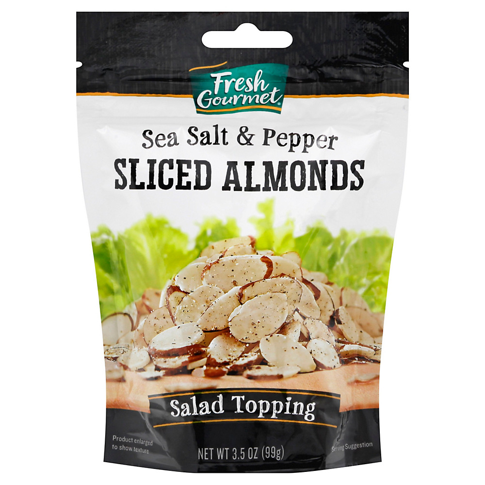 Calories in Fresh Gourmet Sea Salt & Cracked Pepper Sliced Almonds, 3.5 OZ