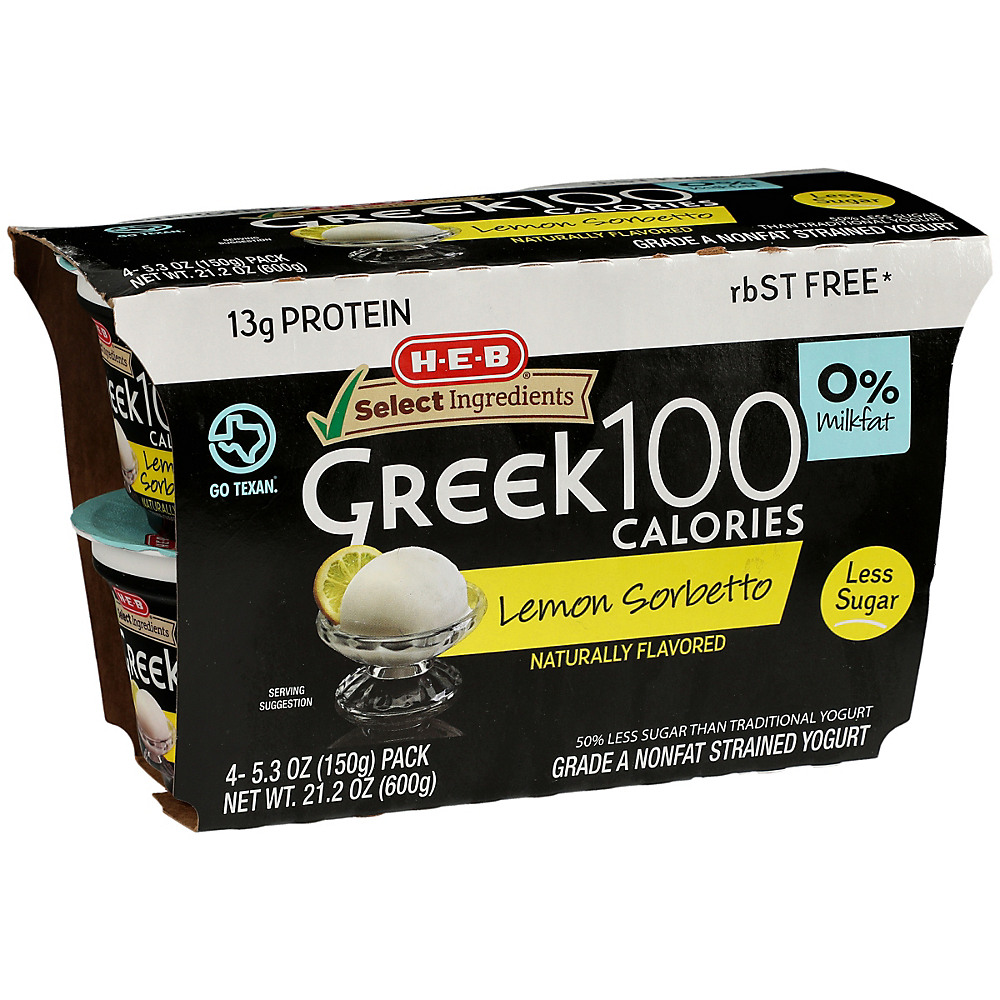 Calories in H-E-B Select Ingredients Non-Fat 100 Calorie Lemon Sorbetto Greek Yogurt, 4 ct