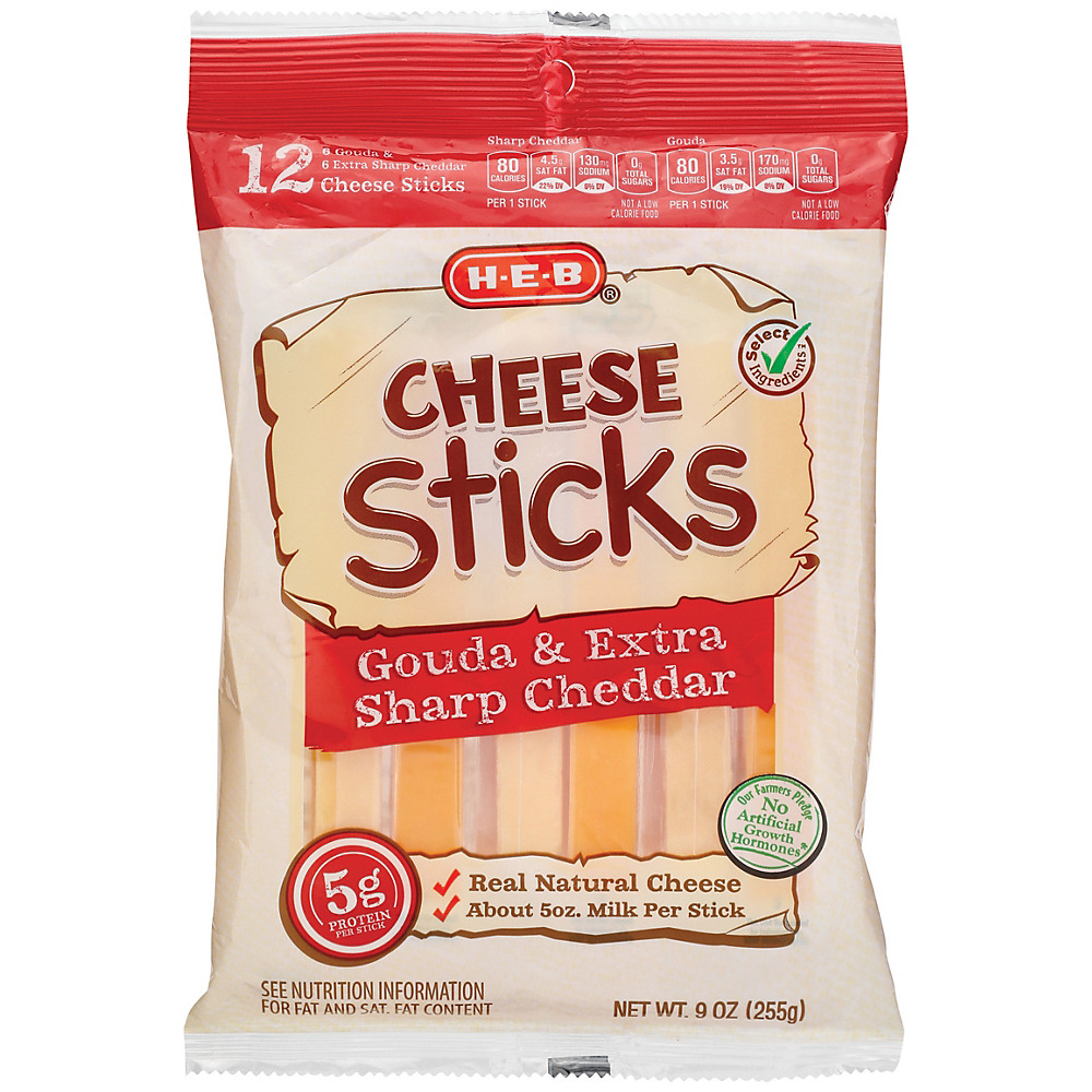 Calories in H-E-B Select Ingredients Gouda & Extra Sharp Cheddar Combo Cheese Sticks, 12 ct