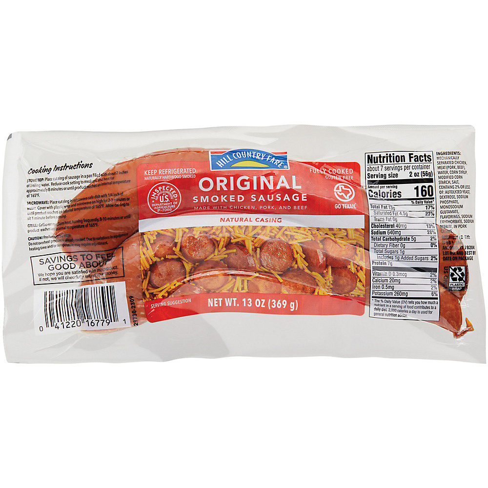 Calories in Hill Country Fare Original Smoked Sausage with Natural Casing, 13 oz