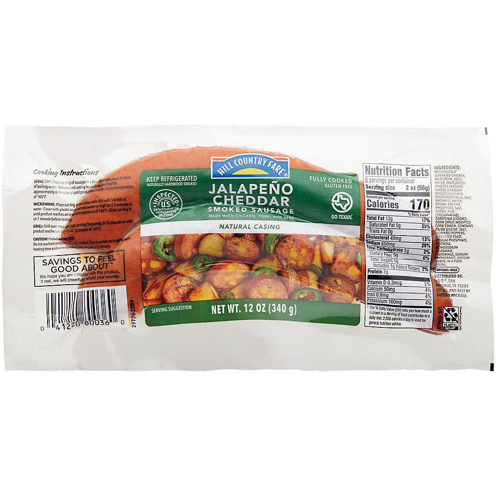 Calories in Hill Country Fare Jalapeno Cheddar Smoked Sausage with Natural Casing , 12 oz