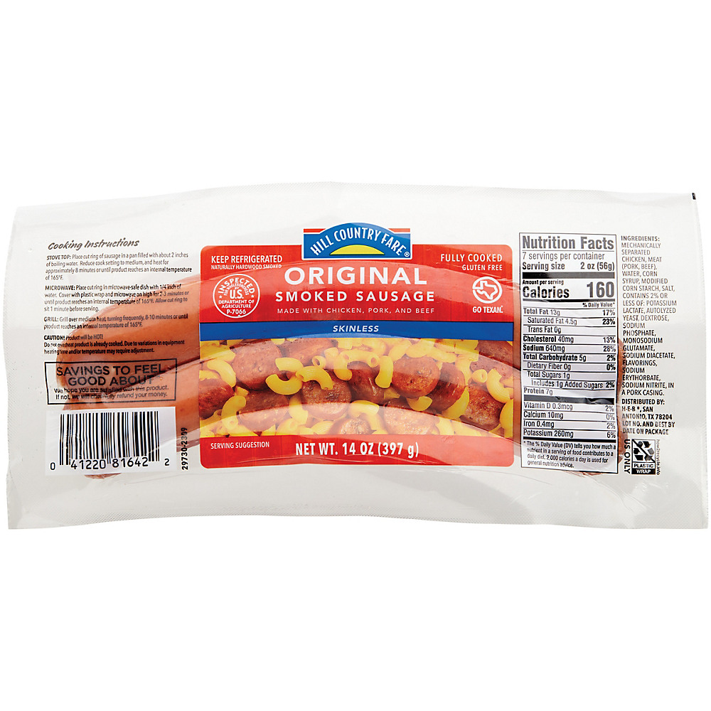 Calories in Hill Country Fare Original Smoked Sausage, Skinless, 14 oz