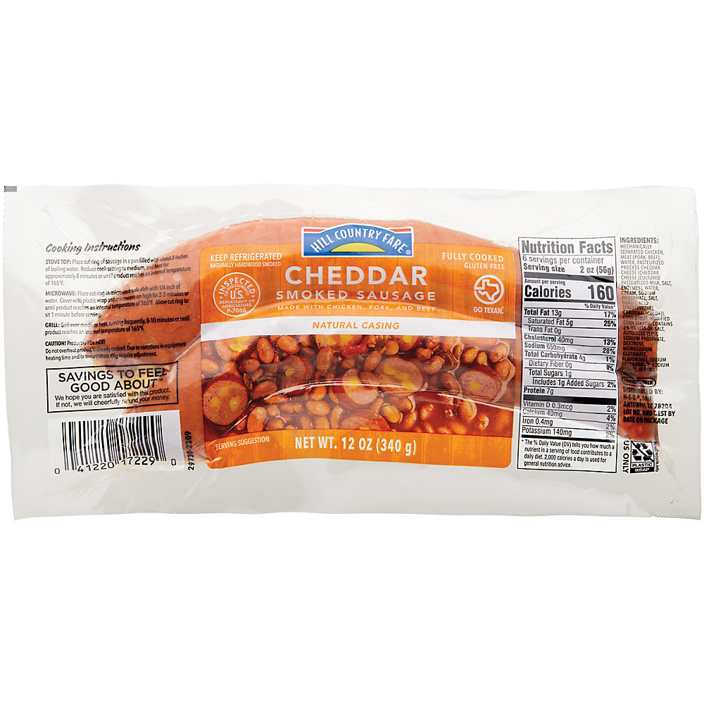 Calories in Hill Country Fare Cheddar Smoked Sausage with Natural Casing, 13 oz