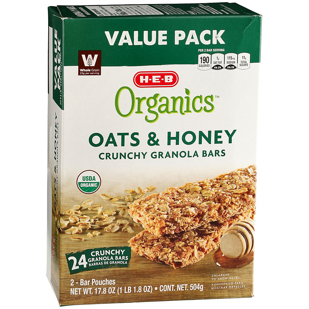 Calories in H-E-B Organics Oats & Honey Crunchy Granola Bars Value Pack, 24 ct