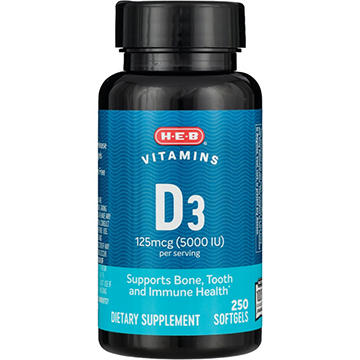 HEB Vitamins D3 125 mcg (5,000 IU) Softgels, 250 ct