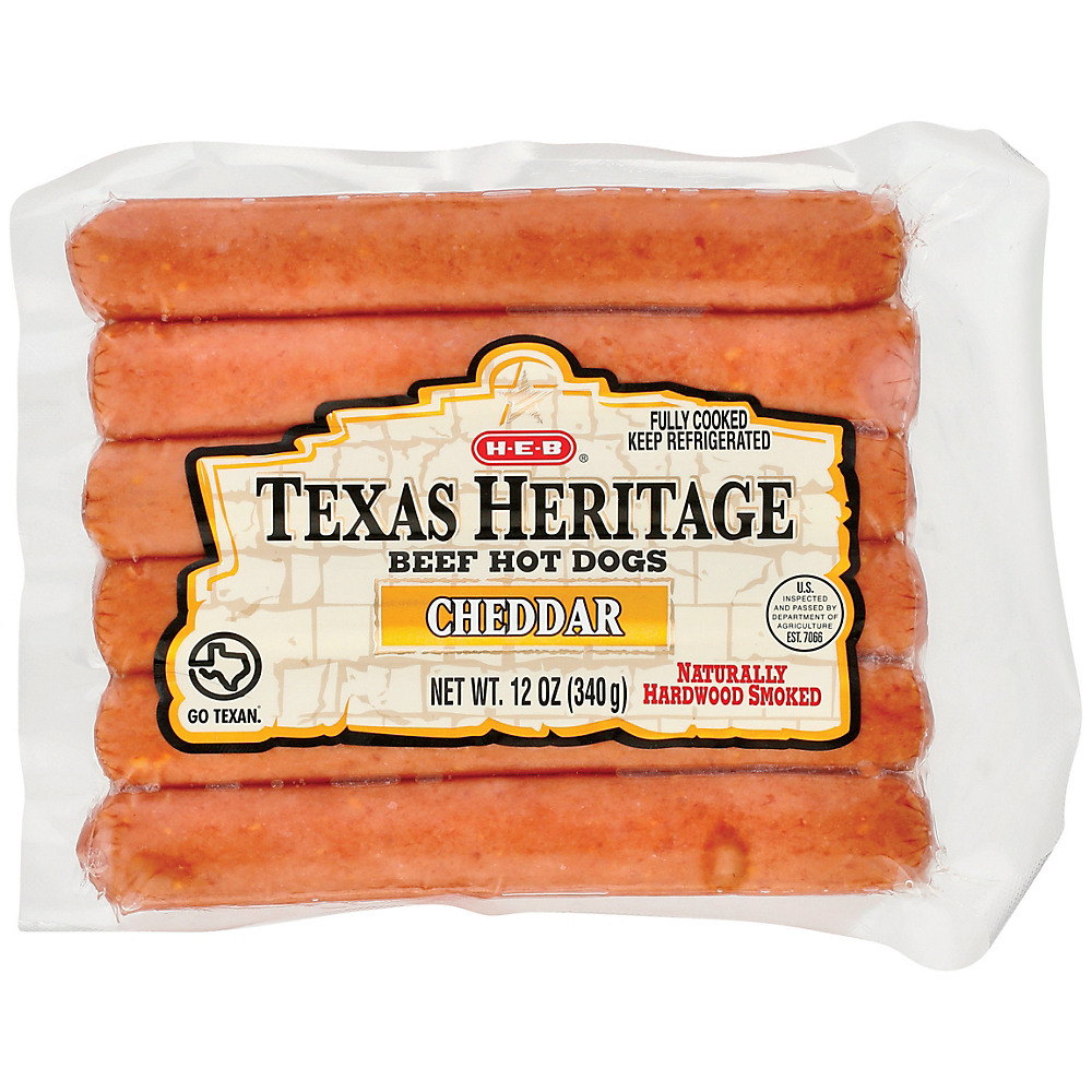 Calories in H-E-B Texas Heritage Beef Hot Dogs Longhorn Cheddar, 6 ct
