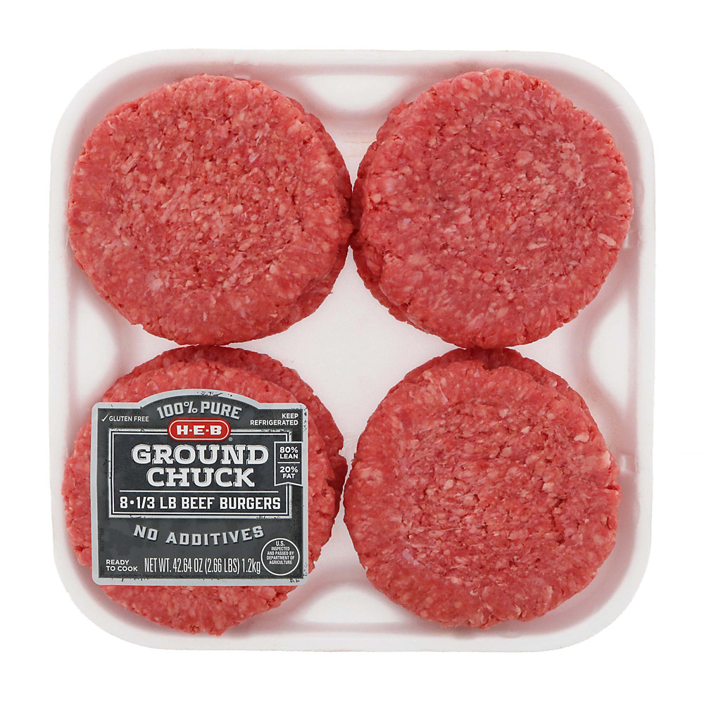 Calories in H-E-B Ground Chuck 1/3 lb Beef Patties 80% Lean,Value Pack, 8 ct