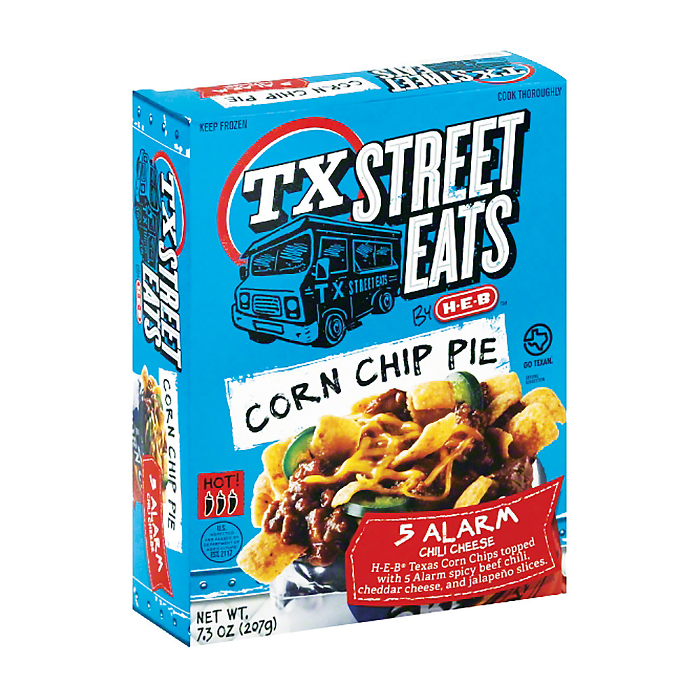 Calories in H-E-B TX Street Eats Corn Chip Pie 5 Alarm Chili Cheese, 7.3 oz