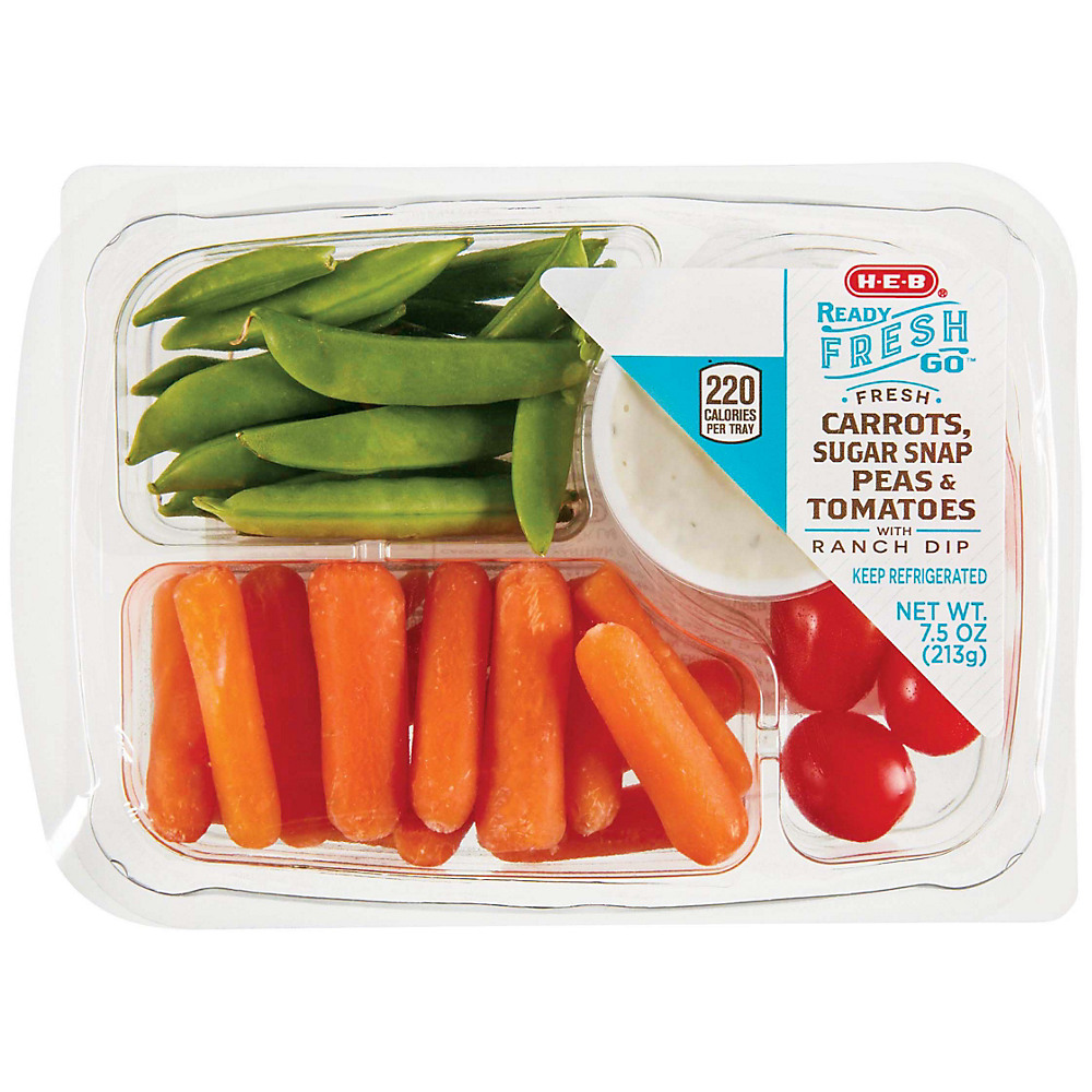 Calories in H-E-B Ready, Fresh, Go! Carrots Sugar Snap Peas & Tomatoes Snack Tray, 7.5 oz
