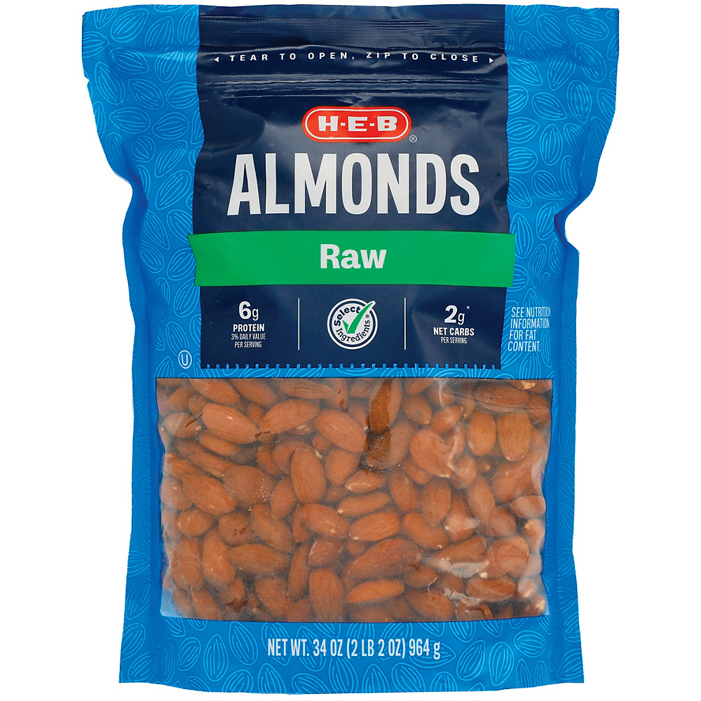 Calories in H-E-B Select Ingredients Whole Natural Raw Almonds, 34 oz