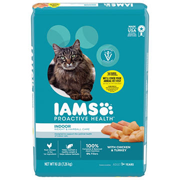 IAMS Proactive Health Adult Indoor Weight Control & Hairball Care Dry Cat Food - Chicken & Turkey Cat Kibble, 16 lb