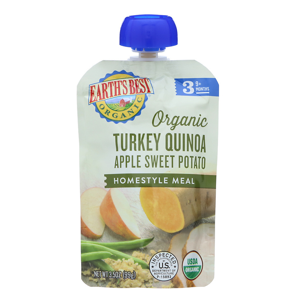 Calories in Earth's Best Organic Stage 3 Turkey, Quinoa, Sweet Potato, Apple, 3.5 oz