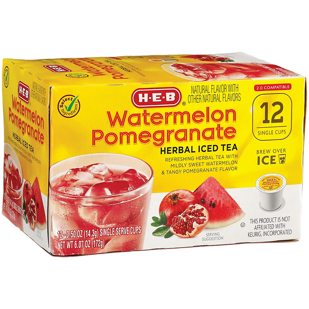 Calories in H-E-B Watermelon Pomegranate Lemonade Herbal Iced Tea Single Serve Cups, 12 ct
