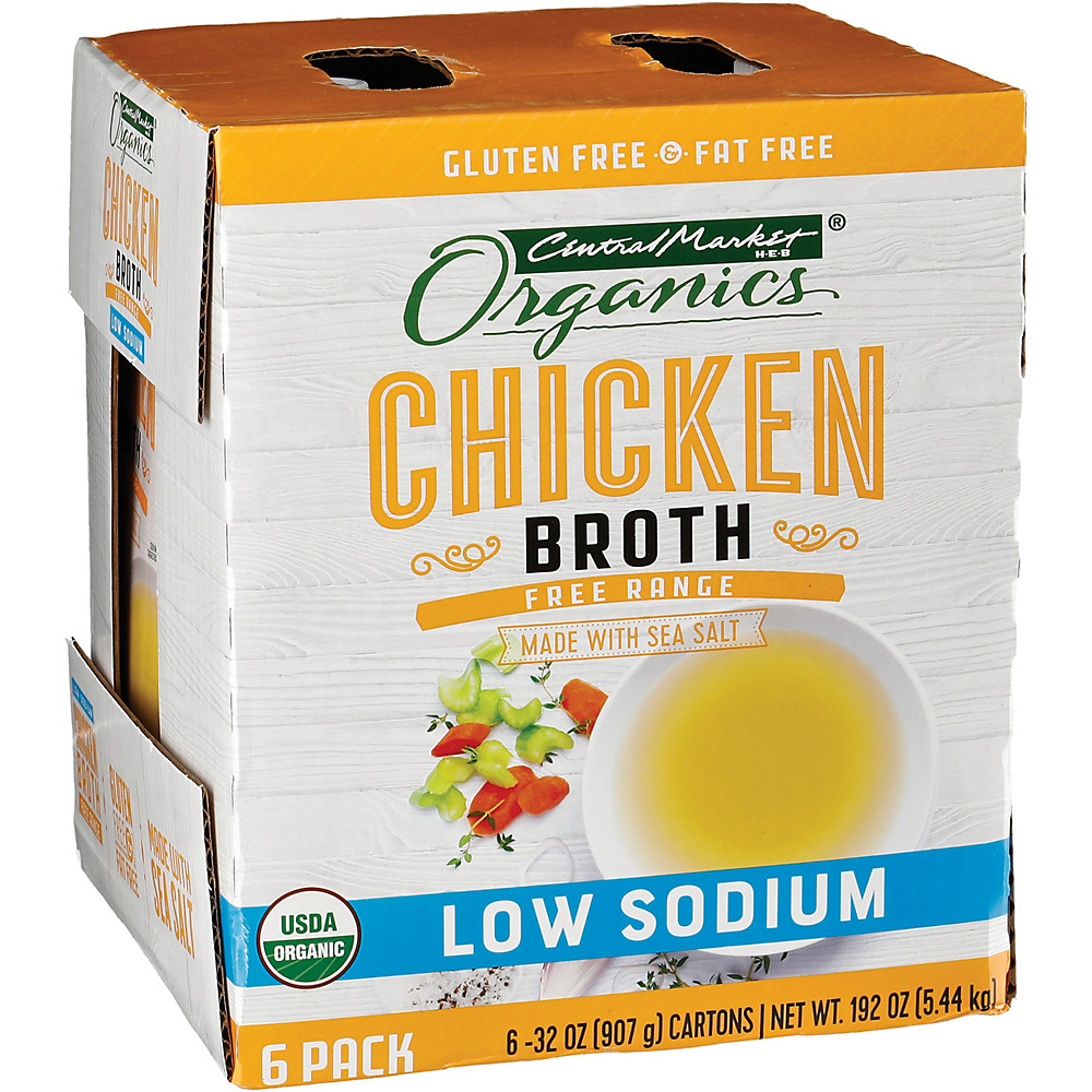 Calories in Central Market Organics Low Sodium Free Range Chicken Broth 32 oz Cartons, 6 ct