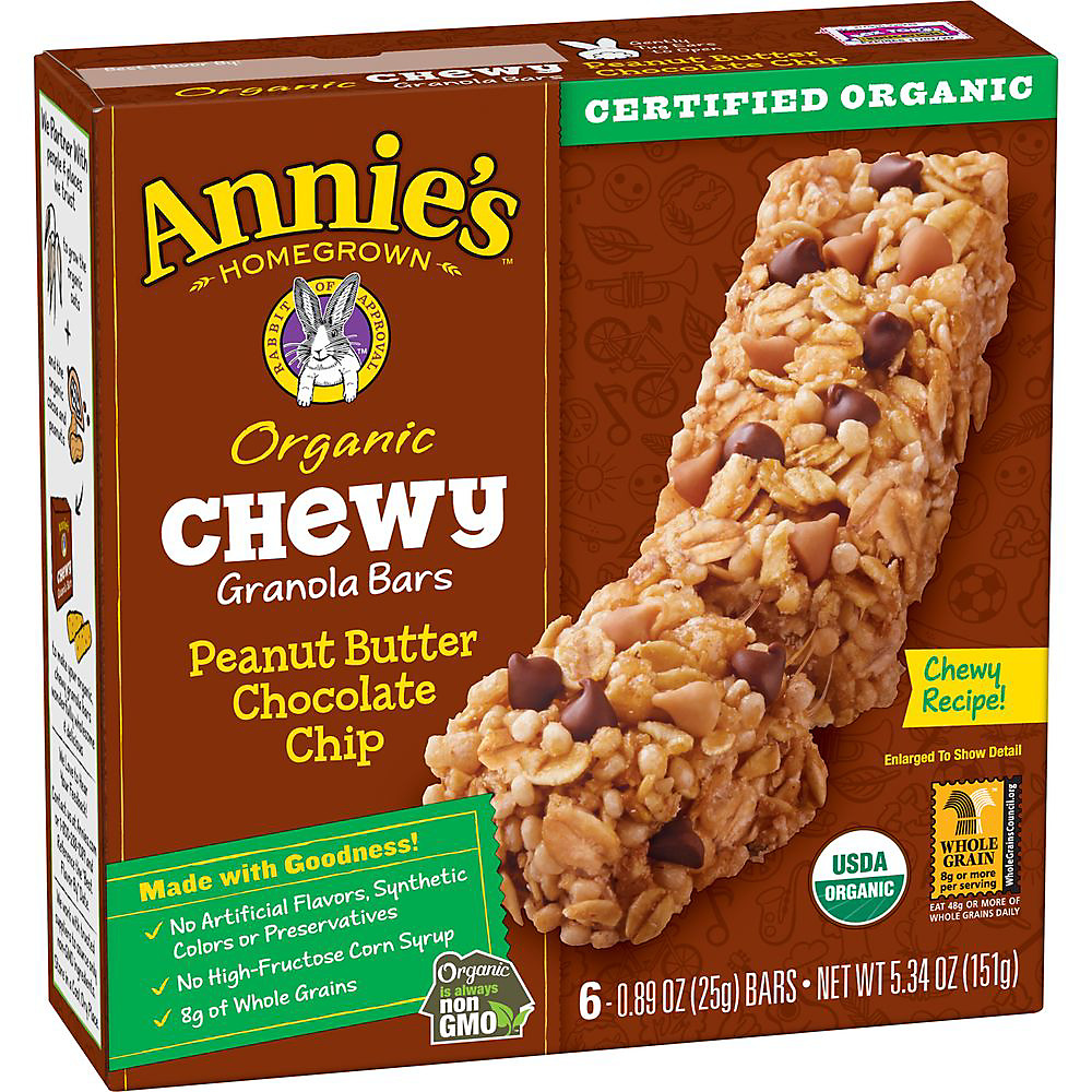 Calories in Annie's Homegrown Chewy Peanut Butter Chocolate Chip Granola Bars, 6 ct