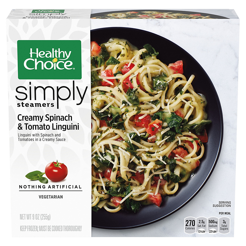Calories in Healthy Choice Simply Cafe Steamers Creamy Spinach & Tomato Linguini, 9 oz