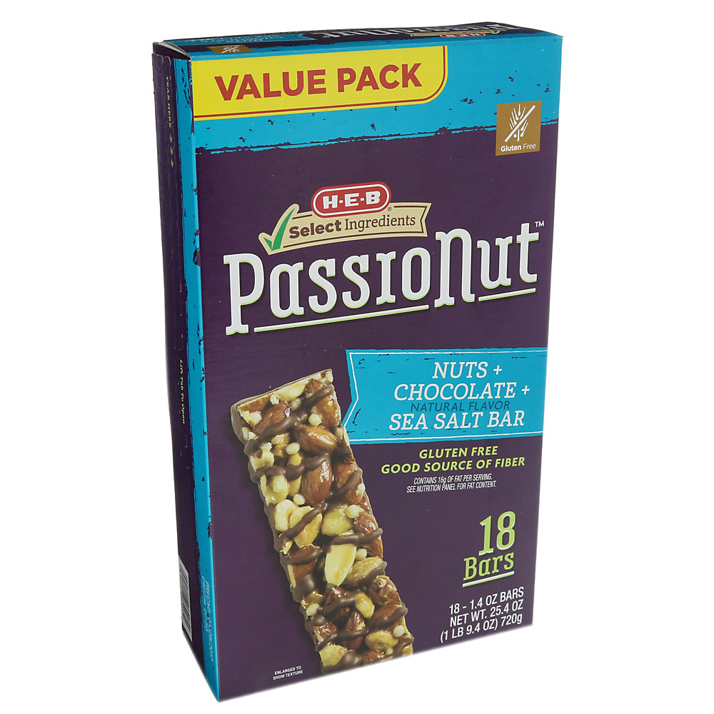 Calories in H-E-B Select Ingredients Passionut Nuts Chocolate Sea Salt Bars Value Pack, 18 ct