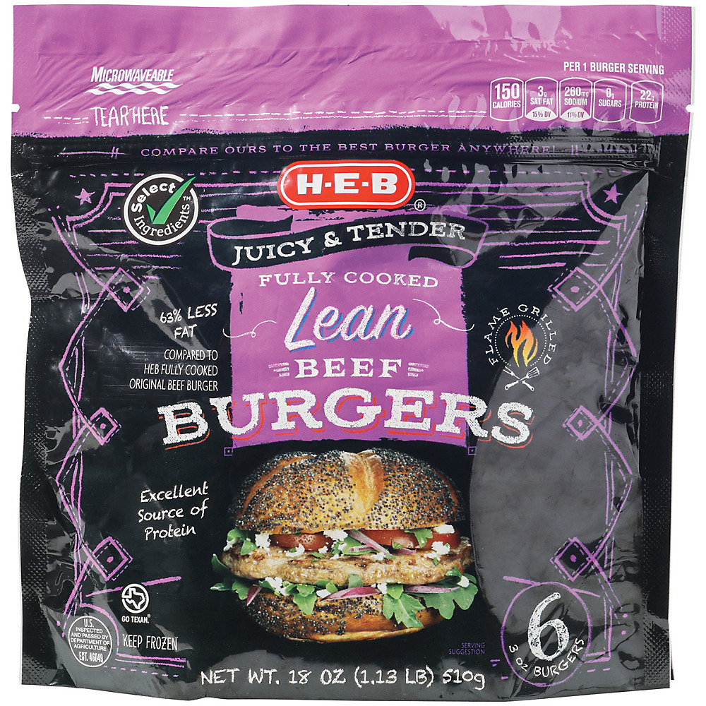 Calories in H-E-B Select Ingredients Fully Cooked Lean Beef Burgers , 6 ct