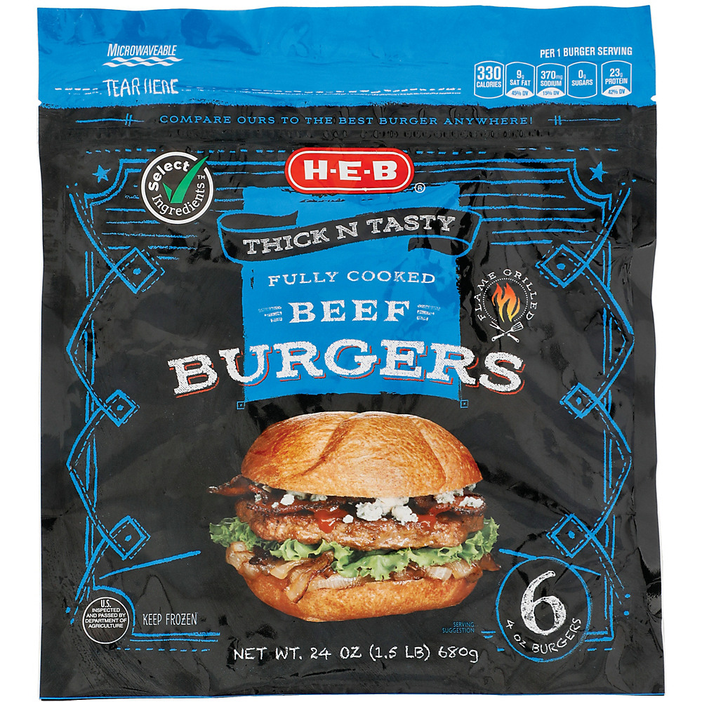 Calories in H-E-B Select Ingredients Fully Cooked Beef Burgers, 6 ct