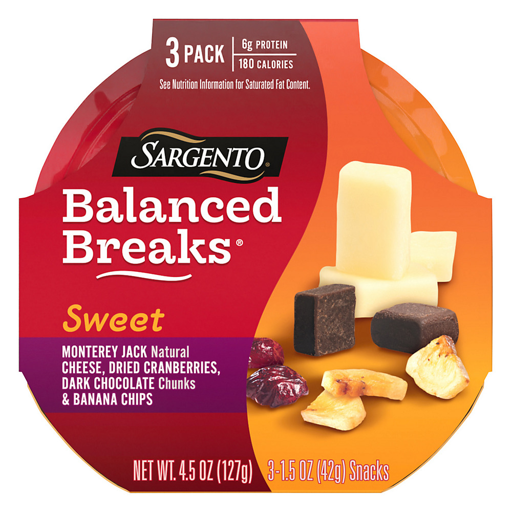 Calories in Sargento Sweet Balanced Breaks Monterey Jack Natural Cheese with Dried Cranberries, Dark Chocolate Chunks and Banana Chips, 4.5 oz