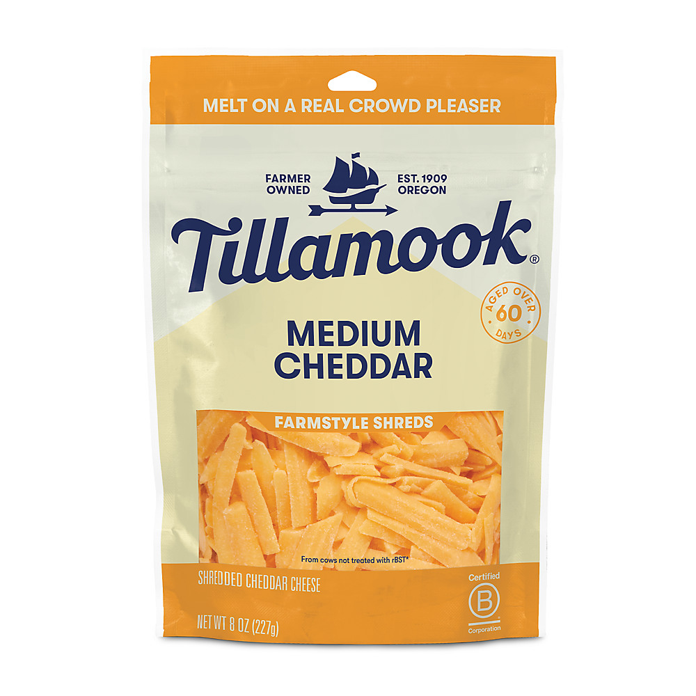 Calories in Tillamook Medium Cheddar Cheese, Thick Shredded, 8 oz