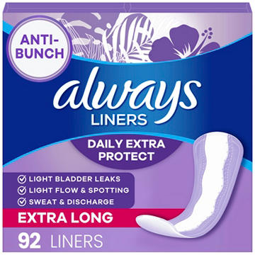 Always Anti-Bunch Xtra Protection Daily Liners Extra Long Unscented, 92 ct